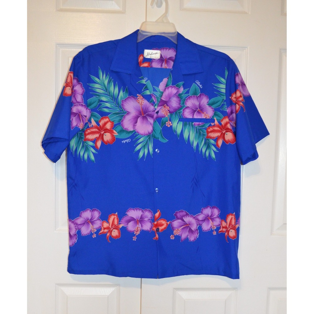 Helena's Hawaiian Shirt Men's XL Blue Floral Hibiscus Tropical Aloha Button Up‎